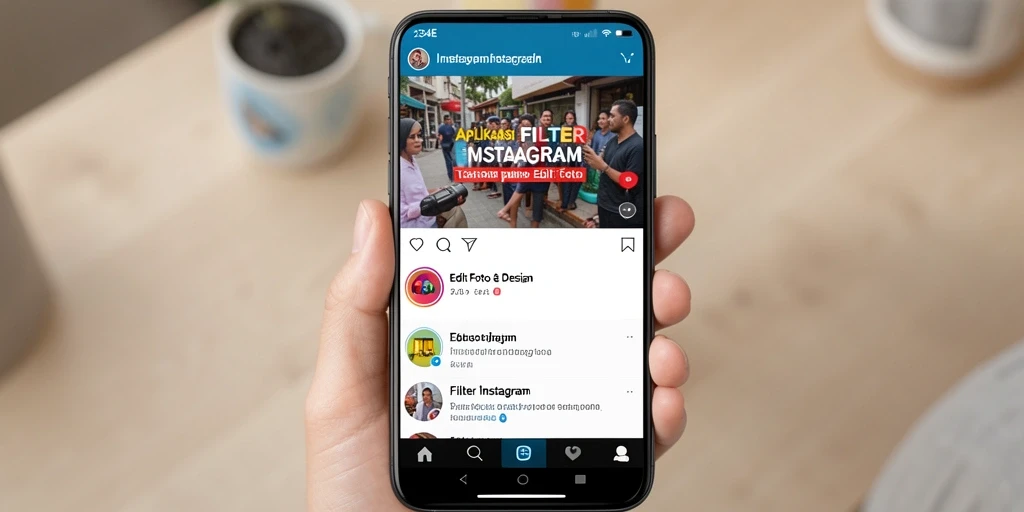 Antarmuka aplikasi 234E dengan efek filter Instagram yang menarik.