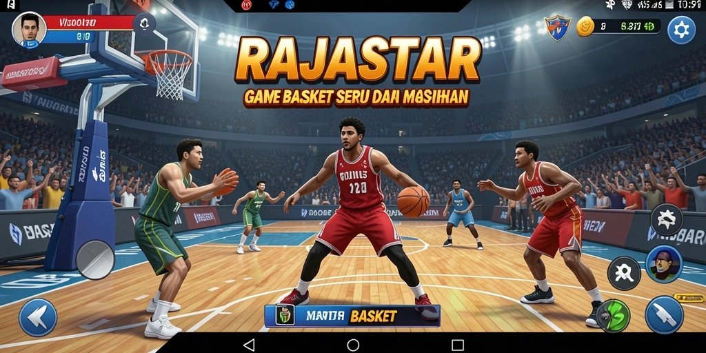 Screenshot antarmuka utama RAJASTAR menampilkan aksi Basket yang mendebarkan.