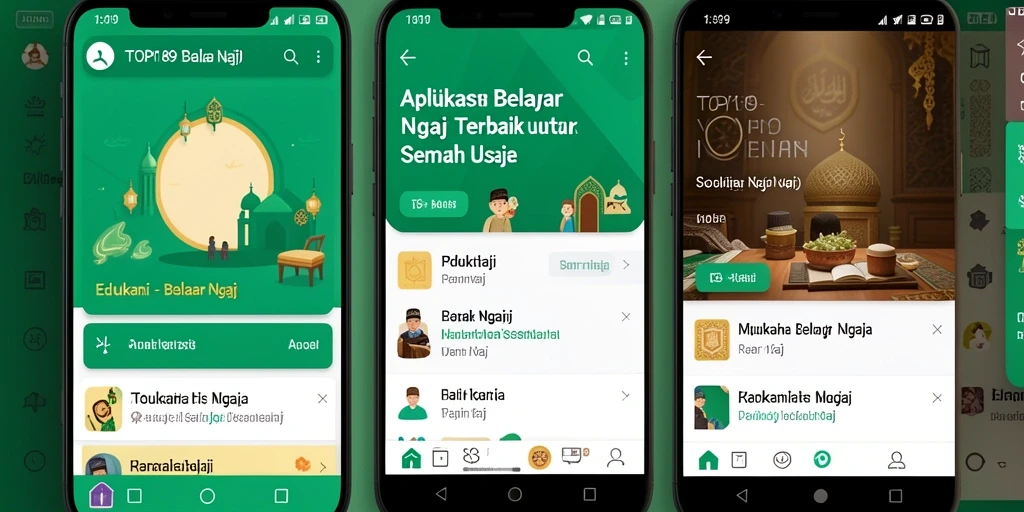Tampilan antarmuka pengguna TOPI189 untuk Belajar Ngaji yang menarik.